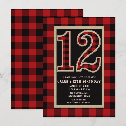 レッドブラックバファローチェック 12歳の誕生日 招待状 (正面/裏面)