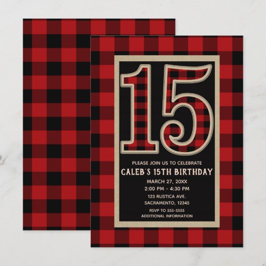 レッドブラックバファローチェック 15歳の誕生日 招待状 (正面/裏面)