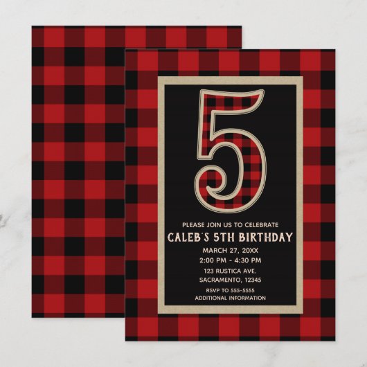 レッドブラックバファローチェック 5歳の誕生日パーティー 招待状 (正面/裏面)