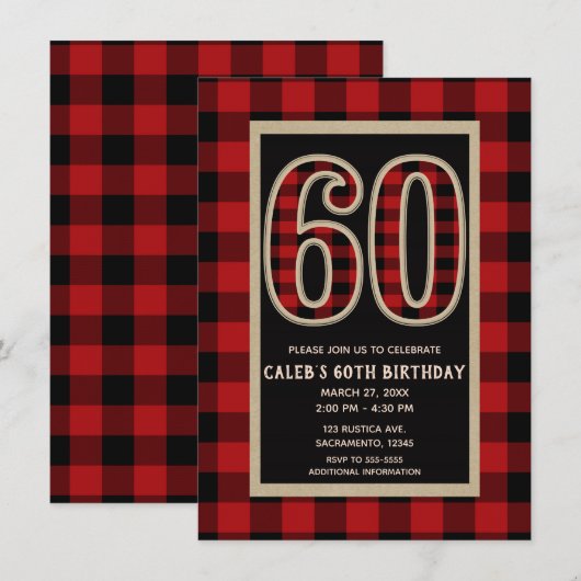 レッドブラックバファローチェック 60歳の誕生日 招待状 (正面/裏面)