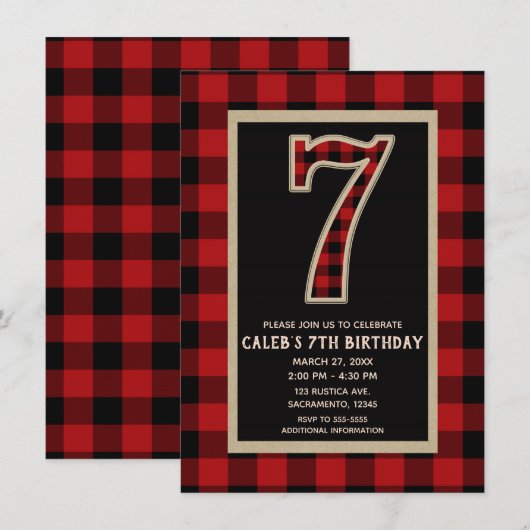 レッドブラックバファローチェック 7歳の誕生日パーティー 招待状 (正面/裏面)