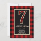レッドブラックバファローチェック 7歳の誕生日パーティー 招待状 (正面)