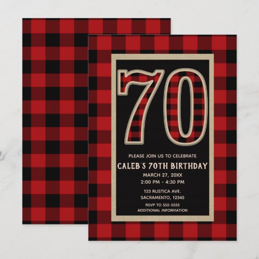 レッドブラックバファローチェック 70歳の誕生日 招待状 (正面/裏面)