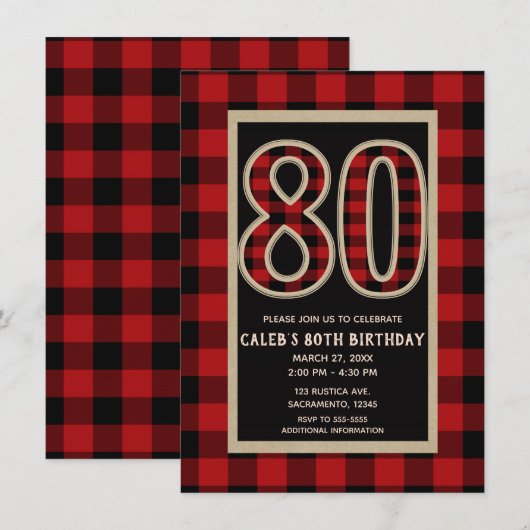 レッドブラックバファローチェック 80歳の誕生日 招待状 (正面/裏面)