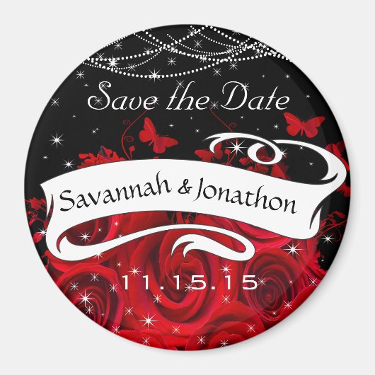 レッドブラックバラハート星の下に日付を保存 マグネット (正面)