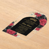 レッドブラックバラフローラキンセアニェラスウィート16アーチ アクリル招待状 (レイダウン)