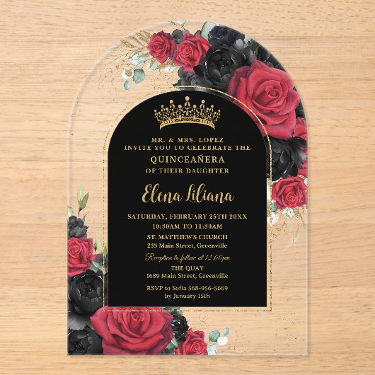 レッドブラックバラフローラキンセアニェラスウィート16アーチ アクリル招待状 (正面)