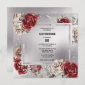 レッドブラックバラフローラシルバーシック任意の年齢パーティー 招待状 (正面/裏面)