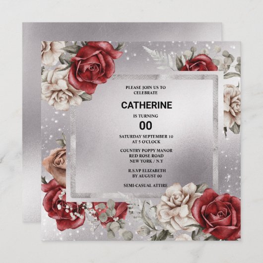 レッドブラックバラフローラシルバーシック任意の年齢パーティー 招待状 (正面/裏面)