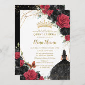 レッドブラックバラフローラドレスシルバーキンセアニラ 招待状 (正面/裏面)