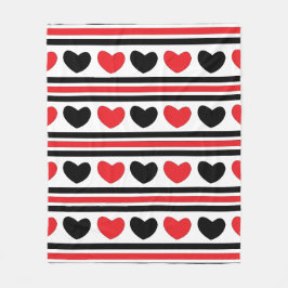 レッドブラックバレンタインデーハートストライプパターン フリースブランケット