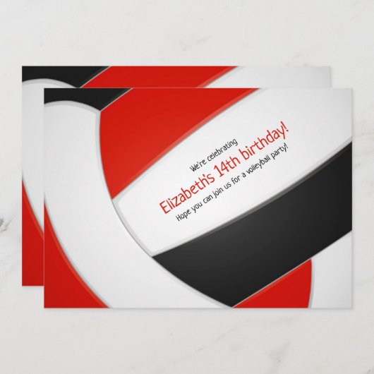レッドブラックバレーボール女子ボーイズ誕生日パーティー 招待状 (正面/裏面)