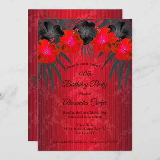 レッドブラックパームスハイビスカスダマスクバースデーパーティー 招待状 (正面/裏面)