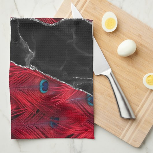 レッドブラックピーフクロウ大理石アガテグラム キッチンタオル (四つ折り)