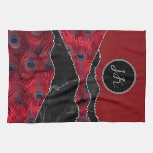 レッドブラックピーフクロウ大理石アガテグラム キッチンタオル (横)