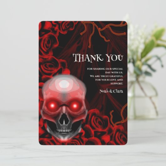 レッドブラックフローラダークムーディゴシックゴシックスカルハロウィン サンキューカード (スタンド正面)