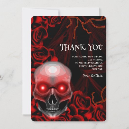 レッドブラックフローラダークムーディゴシックゴシックスカルハロウィン サンキューカード (正面)