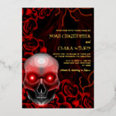 レッドブラックフローラダークムーディゴシックゴシックスカルハロウィン 箔招待状 (正面)