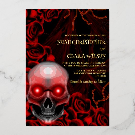 レッドブラックフローラダークムーディゴシックゴシックスカルハロウィン 箔招待状 (正面)