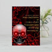 レッドブラックフローラダークムーディゴシックゴシックスカルハロウィン 箔招待状 (立ち正面)