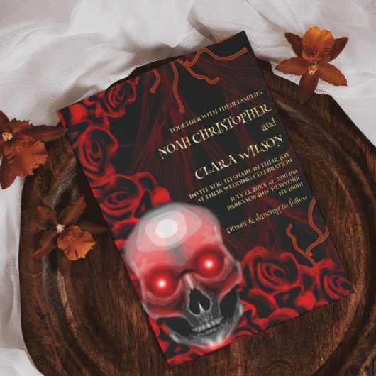 レッドブラックフローラダークムーディゴシックゴシックスカルハロウィン 箔招待状