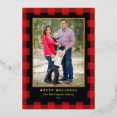 レッドブラックプレイドクリスマスフォト金ゴールド 箔シーズンカード (正面)