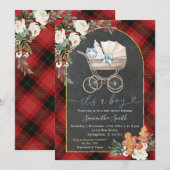 レッドブラックプレイドベビーキャリッジシャワークリスマス 招待状 (正面/裏面)