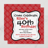 レッドブラックプレイド40歳誕生日パーティの招待状 招待状 (正面/裏面)