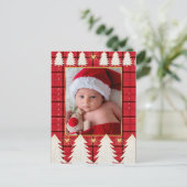 レッドブラックプレイド&ホワイトツリーズ素朴ホリデーフォト シーズンポストカード (スタンド正面)