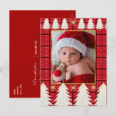 レッドブラックプレイド&ホワイトツリーズ素朴ホリデーフォト シーズンポストカード (正面/裏面)