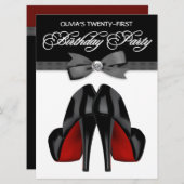 レッドブラックボウタイウーマンバースデーパーティー 招待状 (正面/裏面)