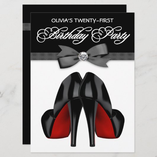 レッドブラックボウタイ女性21st誕生日パーティー 招待状 (正面/裏面)