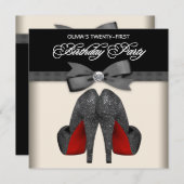 レッドブラックボウタイ女性21st誕生日パーティー 招待状 (正面/裏面)