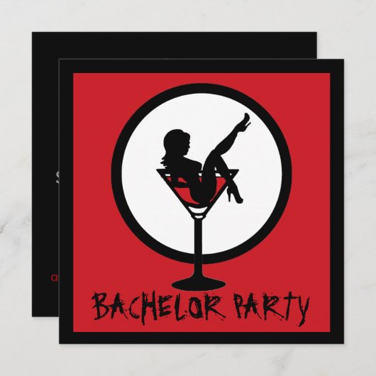 レッドブラックマティーニガール独身パーティー招待状 招待状 (正面/裏面)