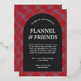 レッドブラックモダンフランネル&フレンズのクリスマス 箔招待状