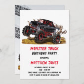 レッドブラックモンスタートラック誕生日パーティーへの招待 招待状 (正面/裏面)