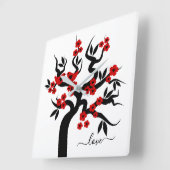 レッドブラックラブバード桜さくらんぼツリー&ブラッズ スクエア壁時計 (傾斜)