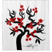 レッドブラックラブバード桜さくらんぼツリー&花 シャワーカーテン (正面)