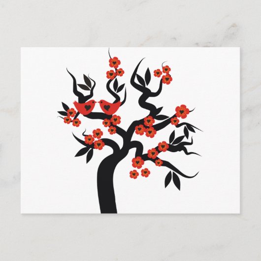 レッドブラックラブバード桜さくらんぼツリー&花 ポストカード (正面)