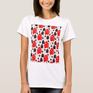 レッドブラックリーフイラストレーションパターンデザイン Tシャツ