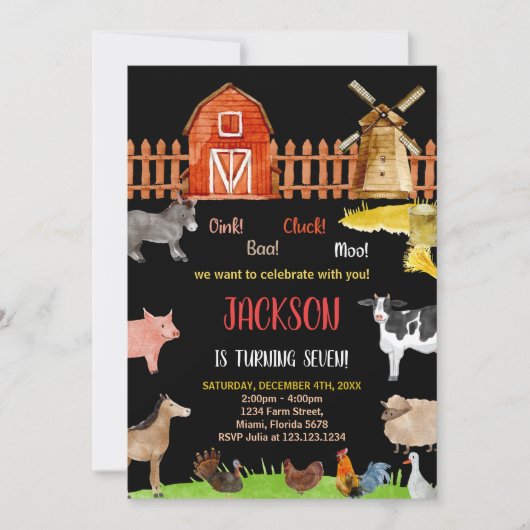 レッドブラックレッドファームアニマルズ誕生日招待状 招待状 (正面)