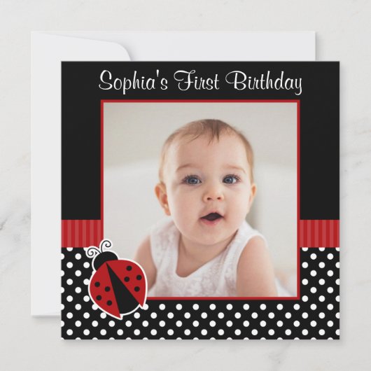 レッドブラックレディバグ水玉模様1stバースデーフォト 招待状 (正面)