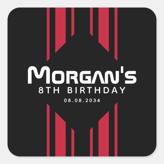 レッドブラックレーシングカーストライプの誕生日パーティー スクエアシール (正面)