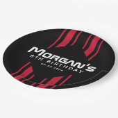 レッドブラックレーシングカーストライプの誕生日パーティー ペーパープレート (アングル)