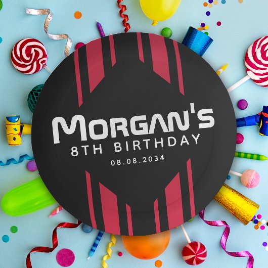レッドブラックレーシングカーストライプの誕生日パーティー ペーパープレート