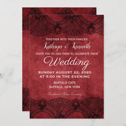 レッドブラックレースフォーマル結婚式招待状 招待状 (正面/裏面)