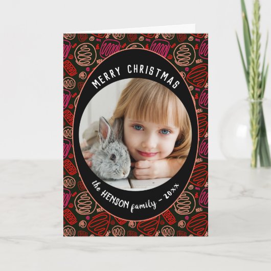 レッドブラックワンラインアートクリスマスファミリーフォトホリ シーズンカード (正面)