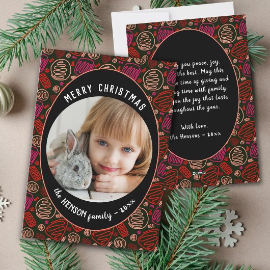 レッドブラックワンラインアートクリスマスファミリー写真 シーズンカード