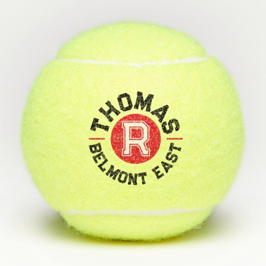 レッドブラック文字スカスタムポーツモノグラムの名前とチーム テニスボール (正面)