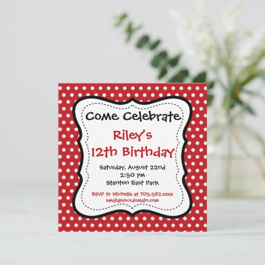 レッドブラック水玉模様バースデーパーティ招待状 招待状 (スタンド正面)